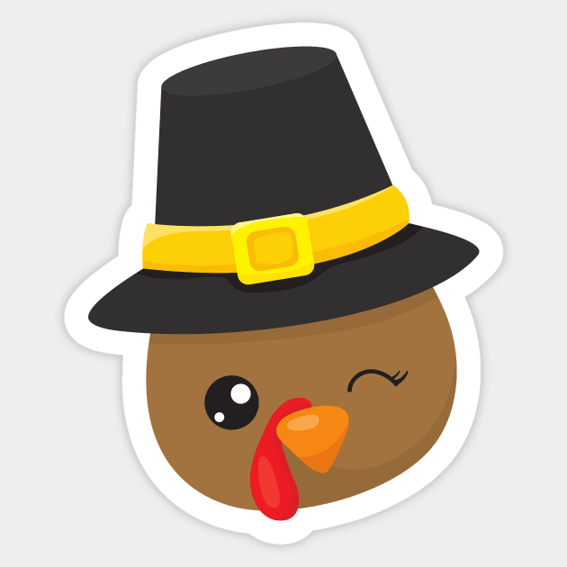 Thanksgiving Turkey, Brown Turkey, Pilgrim Hat Sticker by Jelena Dunčević